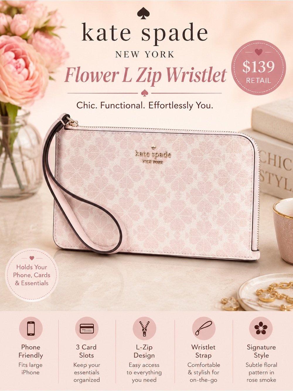 Kate Spade Lucy  Flower L Zip Rose Smoke Medium Wristlet | NWT $139 MSRP